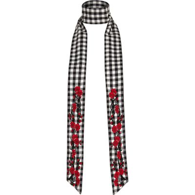 Black and white floral gingham skinny scarf